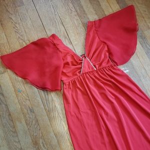 Vintage rhinestone chiffon angel wing sleeve Red Petite Formal Gown Dress Small